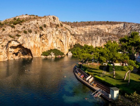 Top view on lake vouliagmeni famous spa resort in the city of athens greece